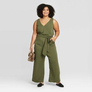 New Plus A New Day Olive Green V-Neck Sleeveness Jumpsuit Wide Leg Size 2X‎